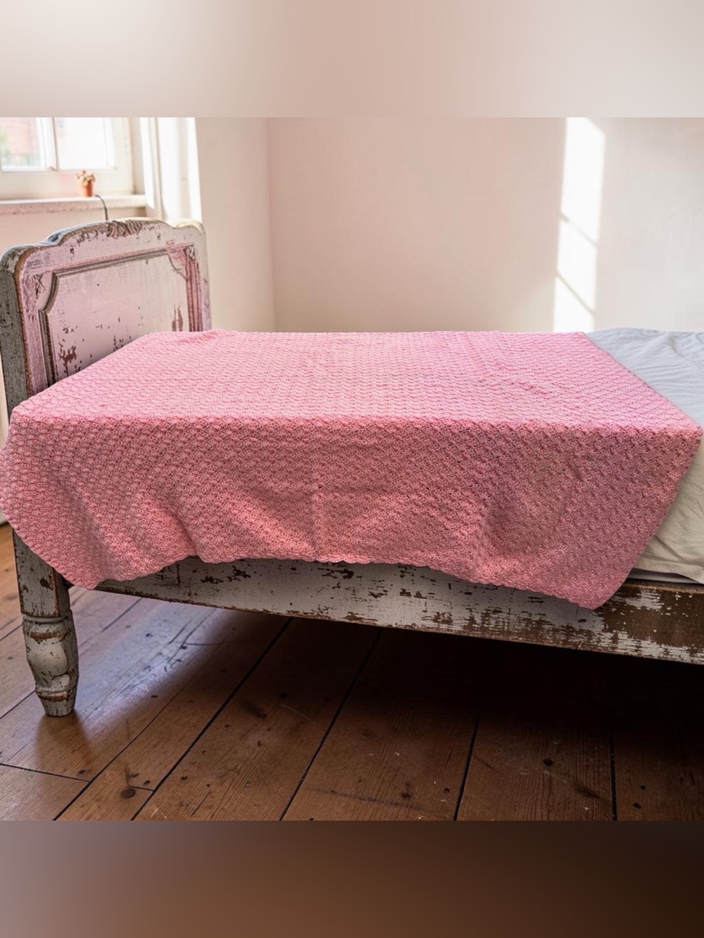 Vintage Handmade Crochet Blanket | Peach Pink Throw | 52” x 68”